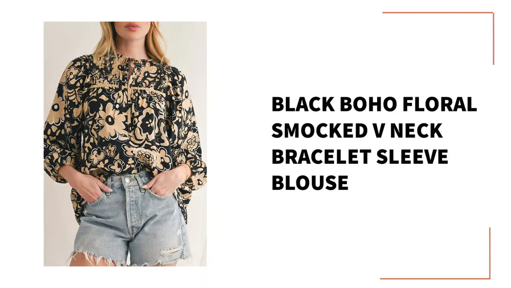 Black Boho Floral Smocked V Neck Bracelet Sleeve Blouse by@Outfy