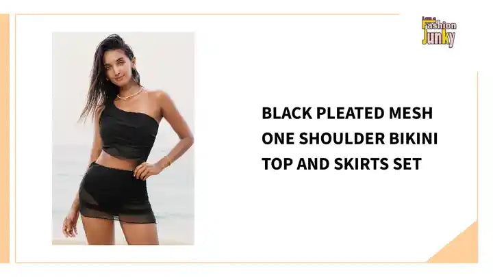 Black Pleated Mesh One Shoulder Bikini Top and Skirts Set by@Outfy