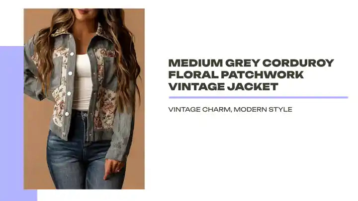 Medium Grey Corduroy Floral Patchwork Vintage Jacket by@Outfy