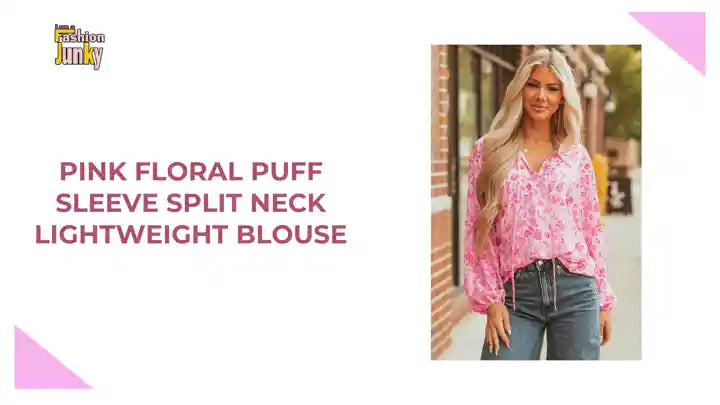 Pink Floral Puff Sleeve Split Neck Lightweight Blouse by@Outfy