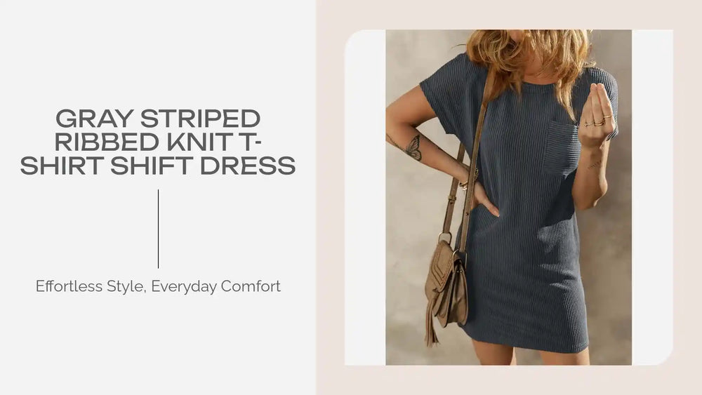 Gray Striped Ribbed Knit T-shirt Shift Dress by@Outfy