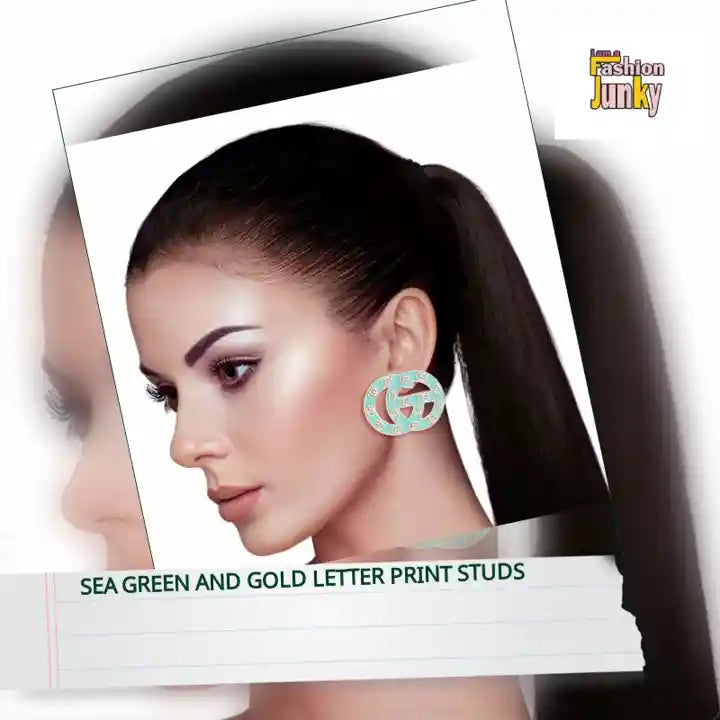 Sea Green and Gold Letter Print Studs by@Outfy