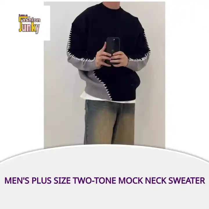 Men's Plus Size Two-Tone Mock Neck Sweater by@Outfy