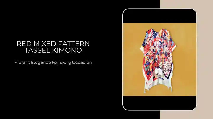 Red Mixed Pattern Tassel Kimono by@Outfy