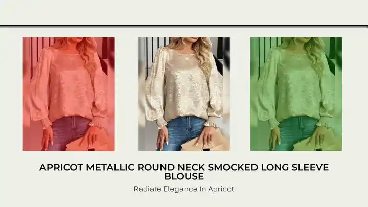 Apricot Metallic Round Neck Smocked Long Sleeve Blouse by@Outfy