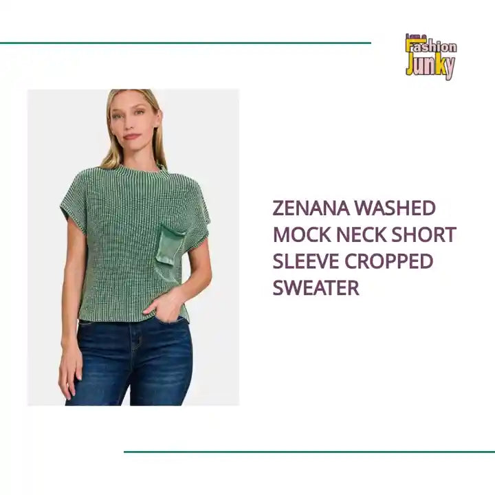 Zenana Washed Mock Neck Short Sleeve Cropped Sweater by@Outfy