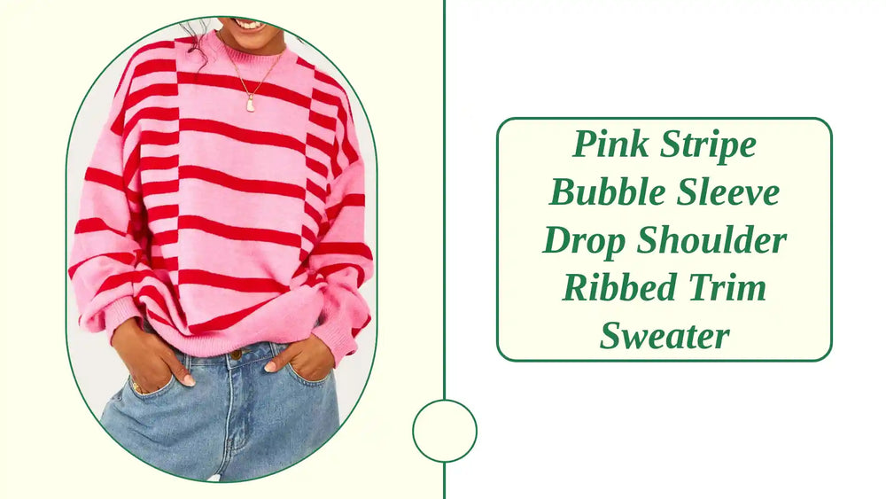 Pink Stripe Bubble Sleeve Drop Shoulder Ribbed Trim Sweater by@Outfy
