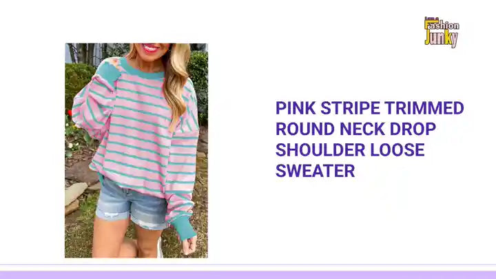 Pink Stripe Trimmed Round Neck Drop Shoulder Loose Sweater by@Outfy
