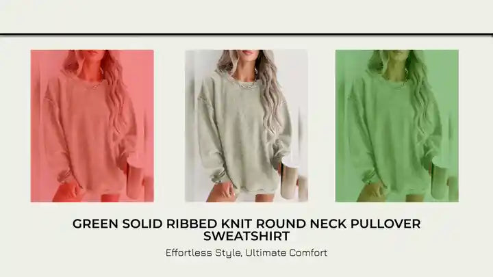 Green Solid Ribbed Knit Round Neck Pullover Sweatshirt by@Outfy