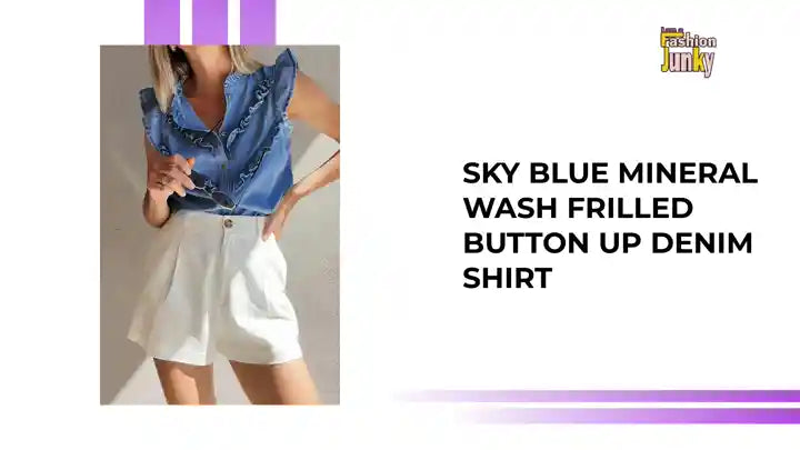 Sky Blue Mineral Wash Frilled Button Up Denim Shirt by@Outfy