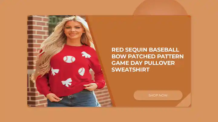 Red Sequin Baseball Bow Patched Pattern Game Day Pullover Sweatshirt by@Outfy