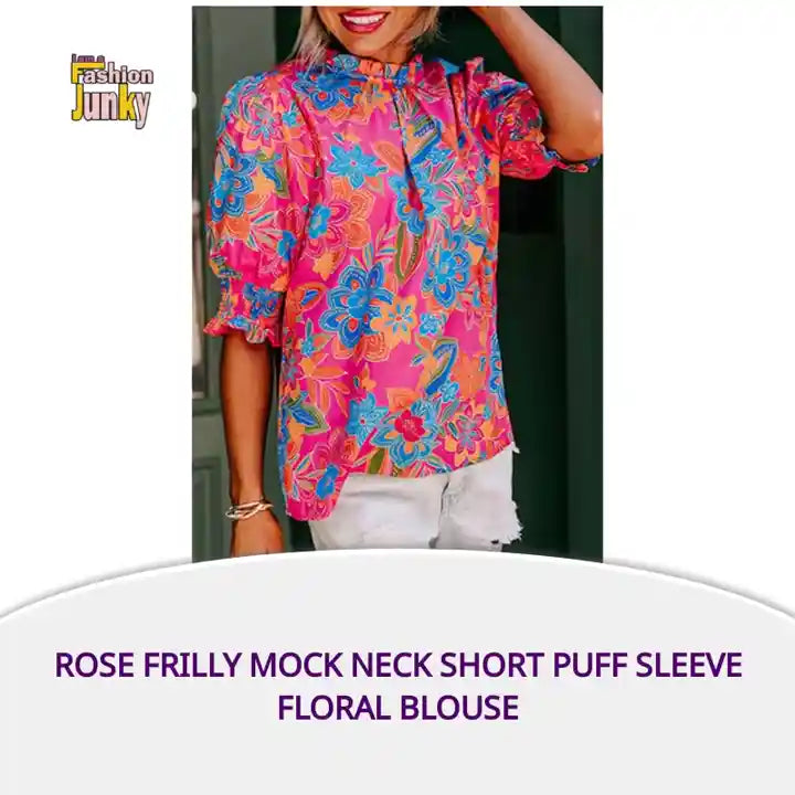 Rose Frilly Mock Neck Short Puff Sleeve Floral Blouse by@Outfy