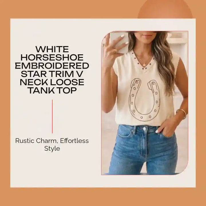 White Horseshoe Embroidered Star Trim V Neck Loose Tank Top by@Outfy