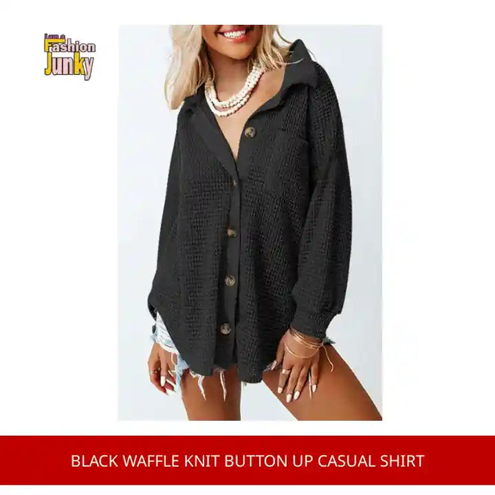 Black Waffle Knit Button Up Casual Shirt by@Outfy