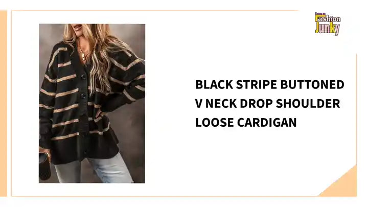 Black Stripe Buttoned V Neck Drop Shoulder Loose Cardigan by@Outfy
