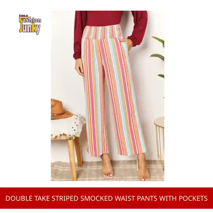 Double Take Striped Smocked Waist Pants with Pockets by@Outfy