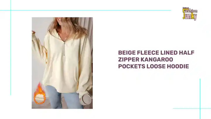 Beige Fleece Lined Half Zipper Kangaroo Pockets Loose Hoodie by@Outfy