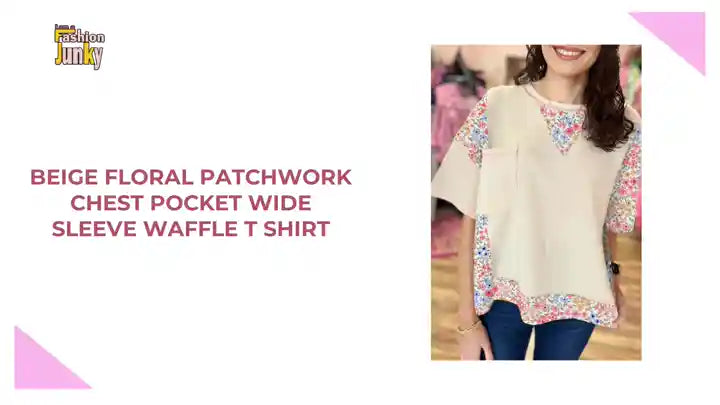 Beige Floral Patchwork Chest Pocket Wide Sleeve Waffle T Shirt by@Outfy