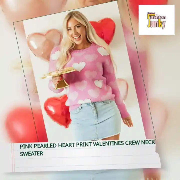 Pink Pearled Heart Print Valentines Crew Neck Sweater by@Outfy