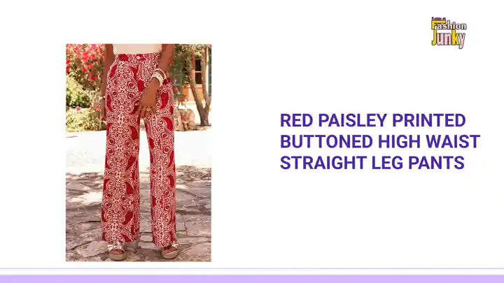 Red Paisley Printed Buttoned High Waist Straight Leg Pants by@Outfy