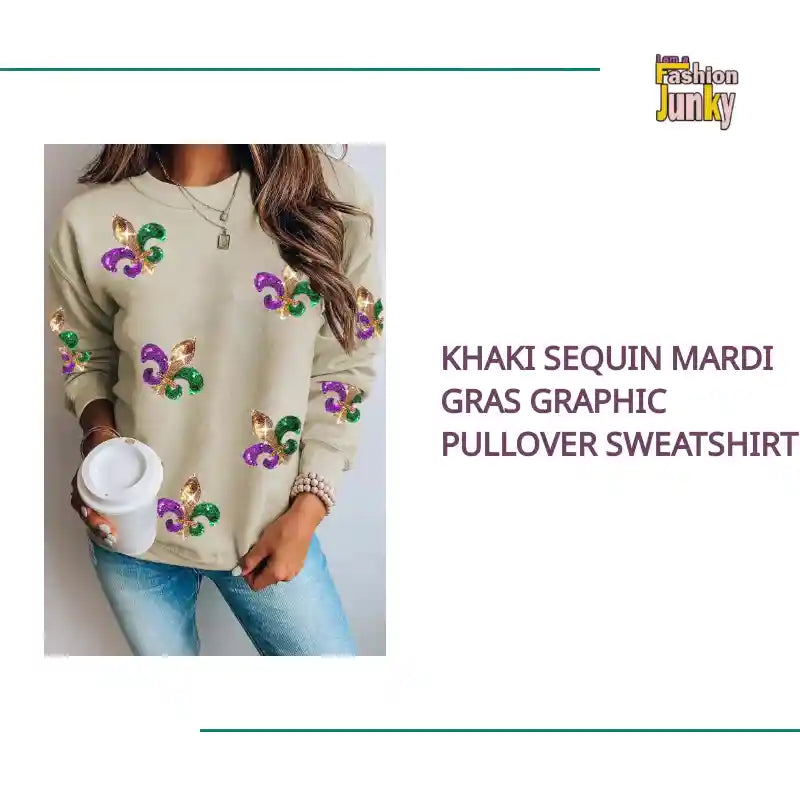 Khaki Sequin Mardi Gras Graphic Pullover Sweatshirt by@Outfy