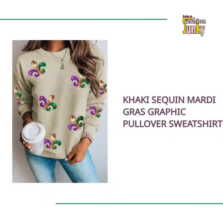 Khaki Sequin Mardi Gras Graphic Pullover Sweatshirt by@Outfy