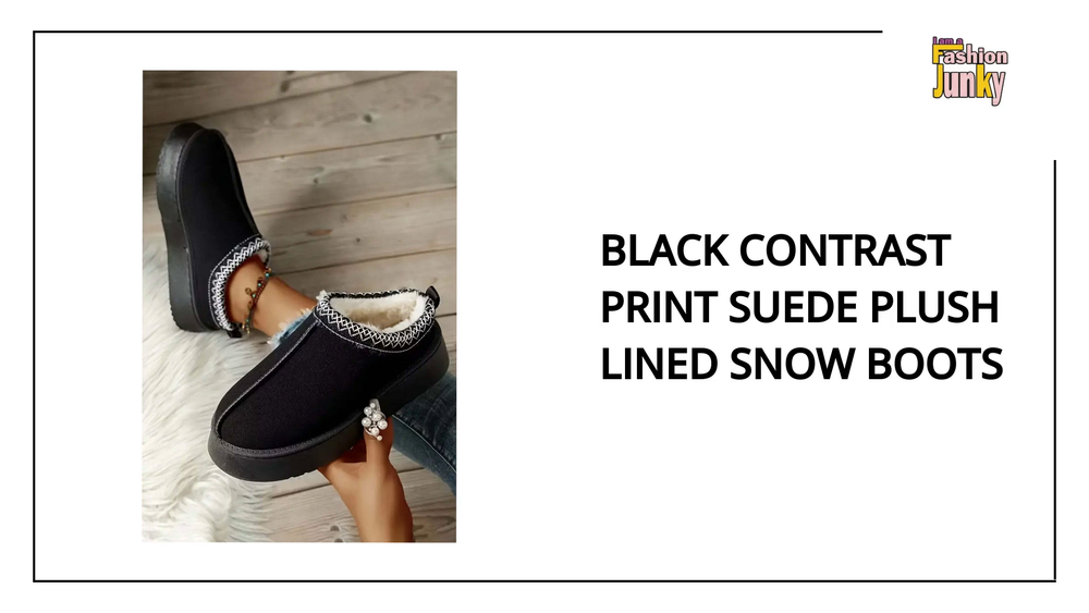 Black Contrast Print Suede Plush Lined Snow Boots by@Outfy