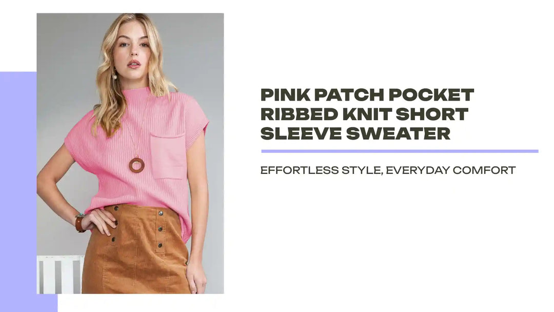 Pink Patch Pocket Ribbed Knit Short Sleeve Sweater by@Outfy