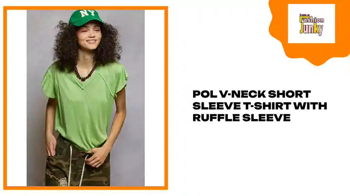 POL V-Neck Short Sleeve T-Shirt with Ruffle Sleeve by@Outfy