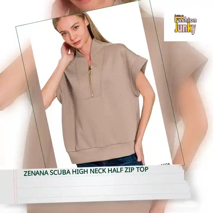 Zenana Scuba High Neck Half Zip Top by@Outfy