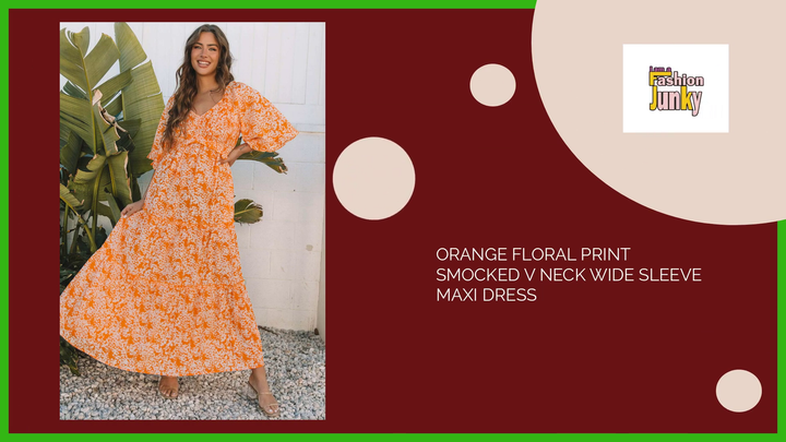 Orange Floral Print Smocked V Neck Wide Sleeve Maxi Dress by@Outfy