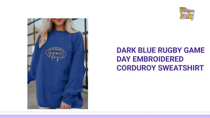 Dark Blue Rugby Game Day Embroidered Corduroy Sweatshirt by@Outfy