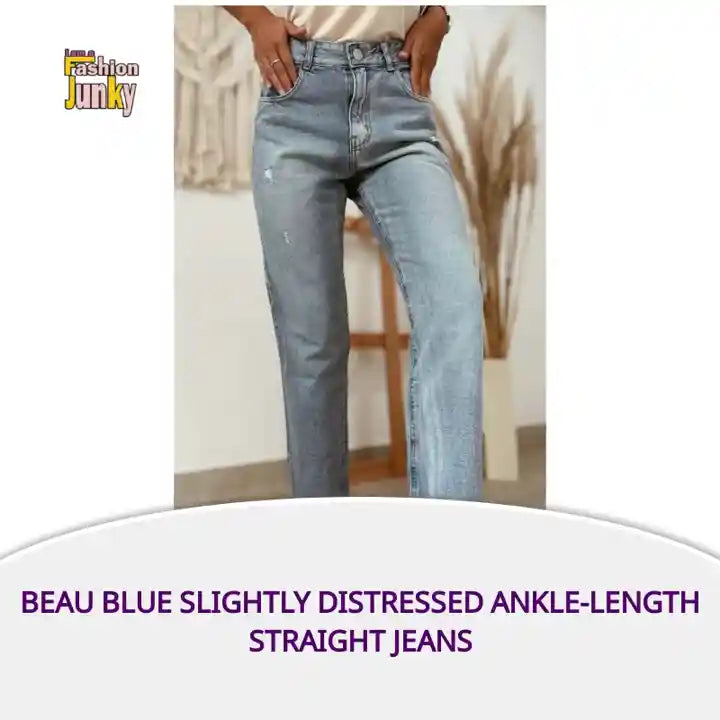 Beau Blue Slightly Distressed Ankle-length Straight Jeans by@Outfy