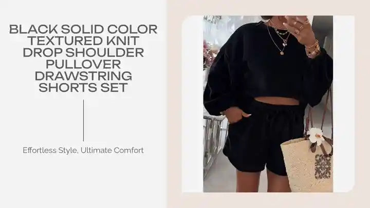 Black Solid Color Textured Knit Drop Shoulder Pullover Drawstring Shorts Set by@Outfy