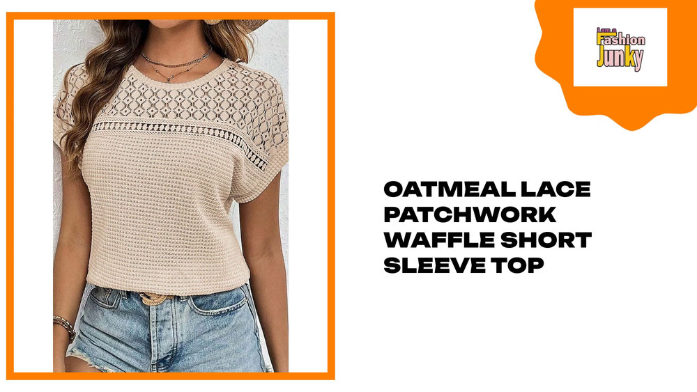 Oatmeal Lace Patchwork Waffle Short Sleeve Top by@Outfy