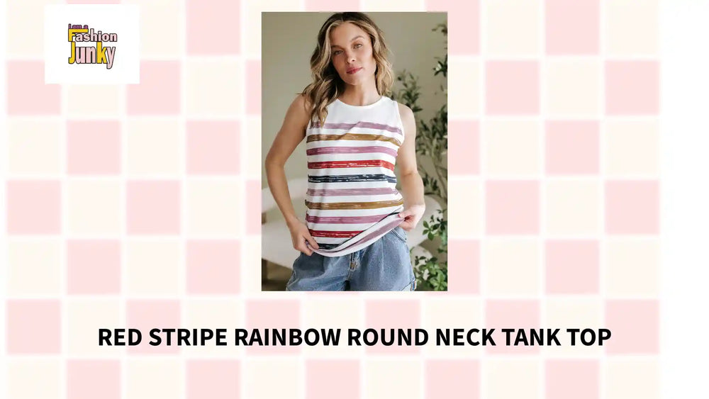 Red Stripe Rainbow Round Neck Tank Top by@Outfy