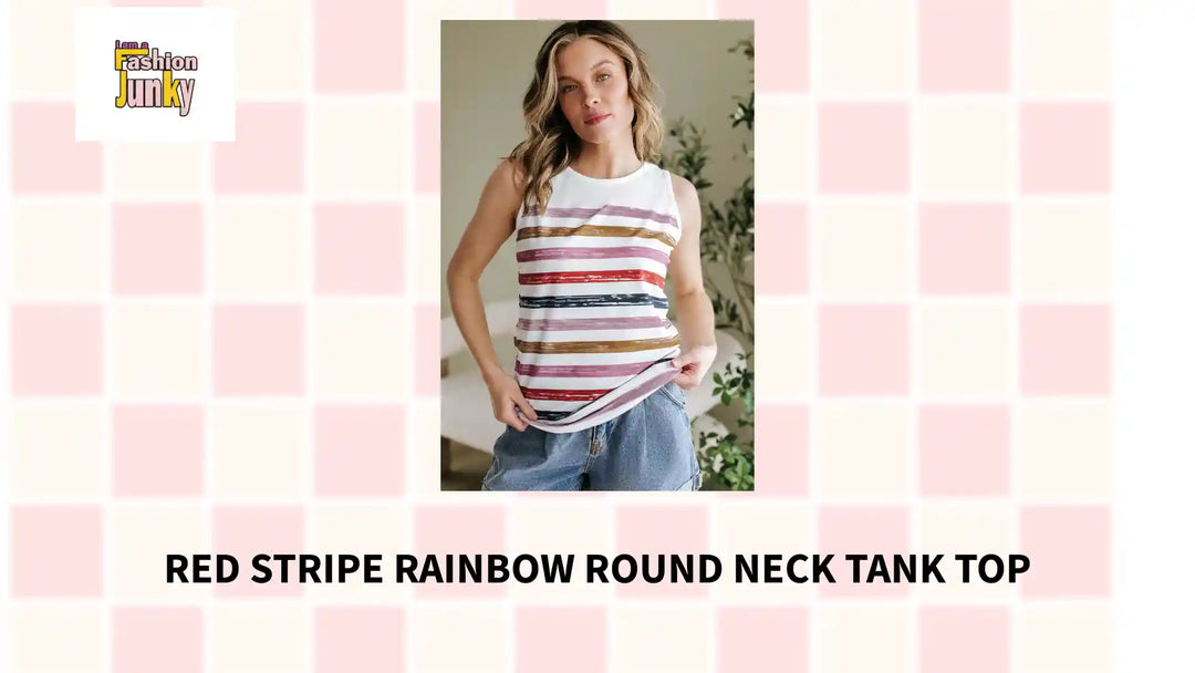 Red Stripe Rainbow Round Neck Tank Top by@Outfy