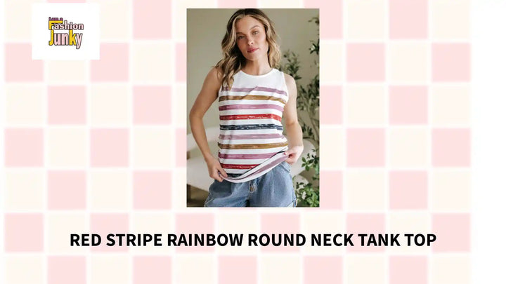 Red Stripe Rainbow Round Neck Tank Top by@Outfy
