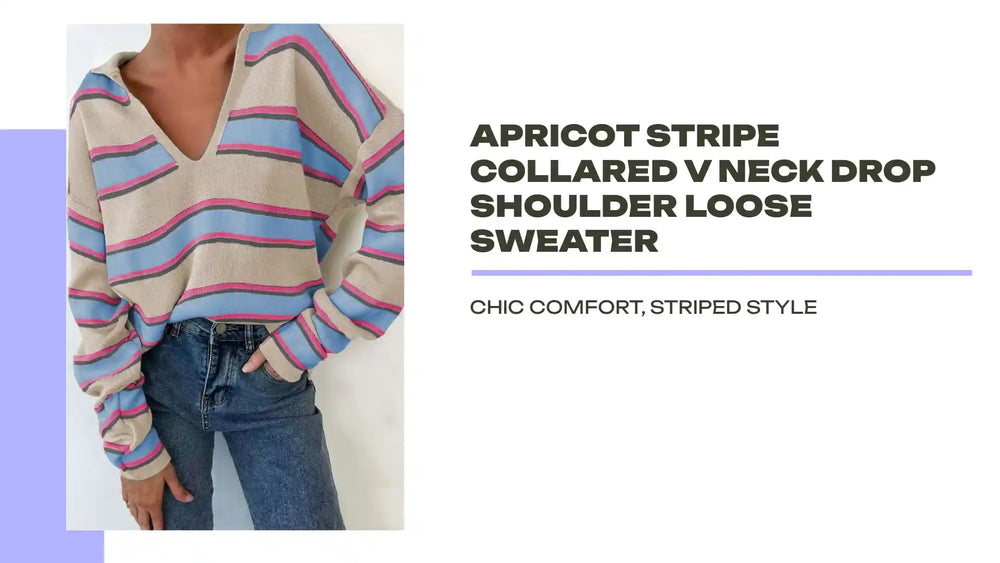 Apricot Stripe Collared V Neck Drop Shoulder Loose Sweater by@Outfy
