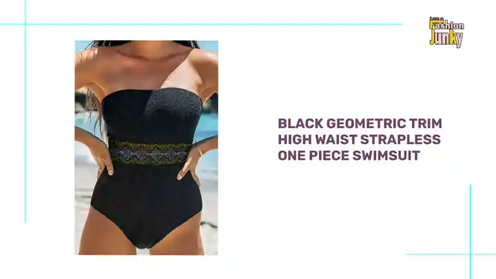 Black Geometric Trim High Waist Strapless One Piece Swimsuit by@Outfy