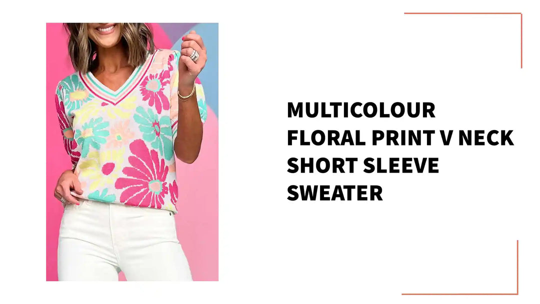 Multicolour Floral Print V Neck Short Sleeve Sweater by@Outfy