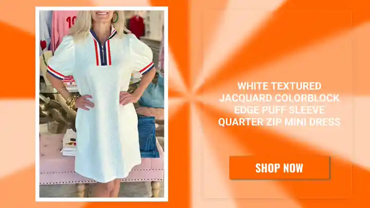 White Textured Jacquard Colorblock Edge Puff Sleeve Quarter Zip Mini Dress by@Outfy