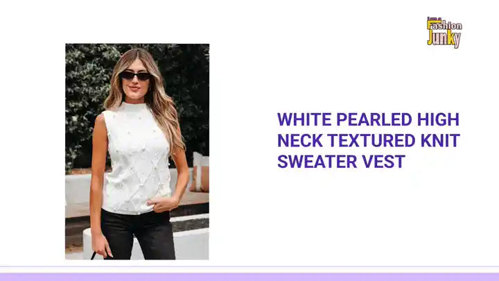 White Pearled High Neck Textured Knit Sweater Vest by@Outfy