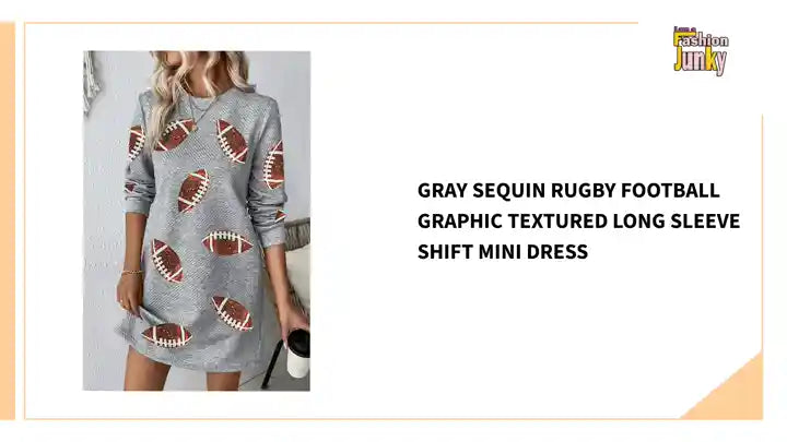 Gray Sequin Rugby Football Graphic Textured Long Sleeve Shift Mini Dress by@Outfy
