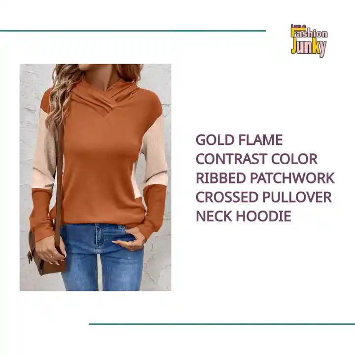 Gold Flame Contrast Color Ribbed Patchwork Crossed Pullover Neck Hoodie by@Outfy