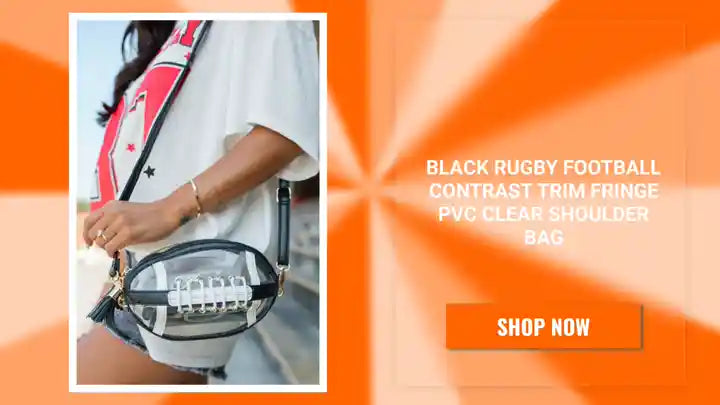 Black Rugby Football Contrast Trim Fringe PVC Clear Shoulder Bag by@Outfy