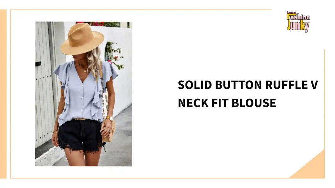 Solid Button Ruffle V Neck Fit Blouse by@Outfy
