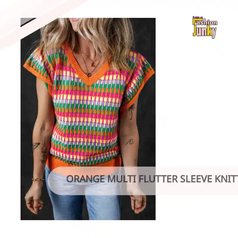 Orange Multi Flutter Sleeve Knitted Sweater Top by@Outfy