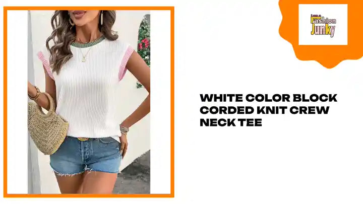 White Color Block Corded Knit Crew Neck Tee by@Outfy