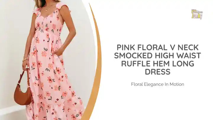 Pink Floral V Neck Smocked High Waist Ruffle Hem Long Dress by@Outfy
